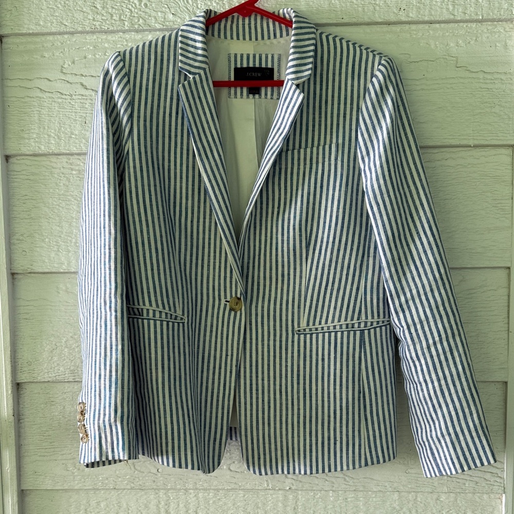 LOFT Women's Navy and White Striped linenBlazer